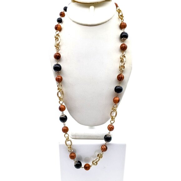 Hong Kong Jewelry - Unique Beaded Eloxal Chain Necklace, Vintage Gold Tone with Black and Wood Look